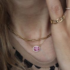 Pink Sapphire & Diamond Necklace. Center stone can be customized. D E T A I L S : ♥ Available center stone: 1. Natural Pink Sapphire, 8x6mm. Or 2. Natural Emerald, 8x6mm. Or 3. Forever one Moissanite, 8x6mm. Or 4. Lab Diamond, IGI certified, about 1.0ct, G+ color, SI2 clarity. Or 5. Natural Diamond, GIA certified, about 1.0ct. ♥ Side stones: Natural diamonds only, conflict-free, 0.10ct, F color, VS clarity. ♥ Available in: 14K Yellow, White & Rose gold. ♥ Chain length: 38cm, 40cm, 42cm. Please s Sapphire Diamond Necklace, Sapphire Diamond Pendant, Halo Pendant, Sapphire Pendant, Sapphire Necklace, Diamond Pendant Necklace, Natural Emerald, White Rose Gold, Sapphire Diamond