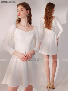 10% off now|Pleated Square Neckline Little White Party Dress with Sleeves at GemGrace. Click to learn our pro custom-made service for wedding dress, formal dress. View Homecoming Dresses for more ideas. Stable shipping world-wide. Elegant Square Neck Mini Dress For Dinner, Chic Square Neck Mini Dress For Banquet, White Dress With Straight Neckline For Wedding Guest, Elegant White Square Neck Mini Dress, Elegant White Mini Dress With Square Neck, White Square Neck Dress For Wedding Guest, White Square Neck Formal Dress, White Square Neck Evening Dress, White Square Neck Cocktail Dress