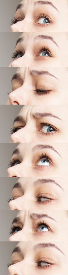 four different views of the same woman's blue eyes and eyebrows, all with long lashes