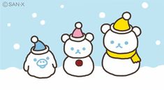 three snowmen wearing hats and scarves in the snow