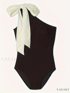 Lasaky - Asymmetric One-piece Swimsuit with Bow Tie Shoulder and Cut Out Detail, Stretchy and Elegant Womens Bathing Suit for Sophisticated Swimwear Enthusiasts Elegant One-shoulder Swimwear For Spring, Elegant Swimwear With Asymmetrical Neckline, Chic Summer Bodysuit With Asymmetrical Neckline, Elegant One Shoulder Evening Swimwear, Summer Evening Bodysuit, Chic Party Swimwear With Asymmetrical Neckline, Elegant Party Swimwear With Asymmetrical Neckline, Asymmetrical Summer Party Swimwear, Chic Asymmetrical Neckline Swimwear For Spring