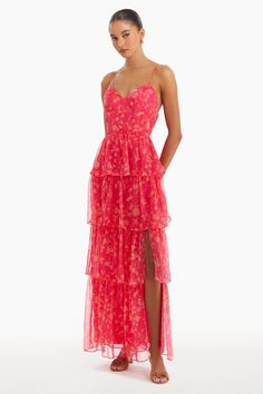 Maxi Dress Tiered Side Slit  Crinkle Chiffon Dry Clean Only YO-20448bi Amanda Uprichard Dress, Red Floral Print, Amanda Uprichard, Blue Mini Dress, Georgette Fabric, White Party, Red Floral, Homecoming Dresses, Red Green