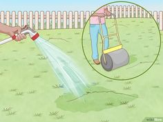 a person is watering the grass with a hose and a hand holding a sprayer