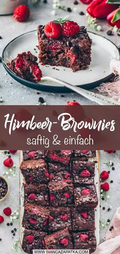 chocolate brownies with raspberries on top and the title above reads, harper brownies saffig & enfach