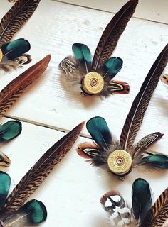 Feathers In Hair Wedding, Hunting Lodge Wedding, Western Hairstyles Wedding, Duck Hunter Wedding Ideas, Cowboy Christmas Wedding, Shotgun Cartridge Craft, Western Boutineer Ideas, Shotgun Shell Boutineer, Bouquet Ideas Unique