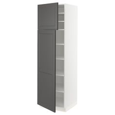 a tall cabinet with two doors and shelves on each side, in white and grey