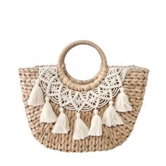 Get your bohemian chic style on with our Bohemian Crochet and Tassel Straw Tote! Perfect for the beach or a day out, this tote combines chunky straw weave with color contrasting playful tassels and intricate crochet detailing for a unique and stylish look. Grab yours now and be the envy of all your friends! SIZE: Big - W41cm x H25cm / W16.14" x H9.84" Small - W33cm x H21cm / W13" x H5.12" Gender: WOMEN Item Type: Handbags, Basket Bags, Tote Bag Main Material: Straw Lining Material: COTTON Shape: Weave With Color, Bohemian Chic Style, Bohemian Crochet, Basket Bags, Retro Chinese, Intricate Crochet, Retro Purse, Bohemian Chic Fashion, Cotton Decorations