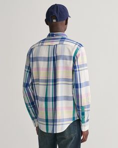 Crafted from a classic seersucker fabric, this shirt by GANT features a yarn-dyed madras check. Cut for a regular fit that is designed to be worn untucked, it features a button-down collar, curved hem, a GANT logo embroidered at the chest pocket, and a box pleat with the signature locker loop at the back.        Regular fit   Button-down collar   Chest pocket   GANT logo embroidered at chest       97% cotton, 3% elastane           3240136 Madras Shirt Men Outfit, Long Sleeve Gingham Shirt With Button Closure, Relaxed Fit Gingham Button-up Shirt, Madras Shirt, Gant Shirts Men, Cotton Grid Pattern Button-up Shirt, Gant Logo, Shirt Colour, Seersucker Fabric