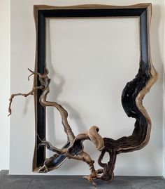 an art piece made out of driftwood in front of a white wall with a black frame