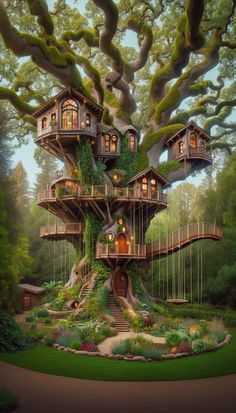 a tree house built into the side of a large tree