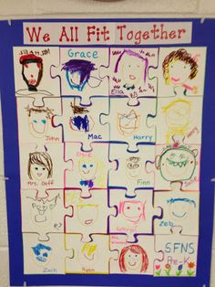 a poster on the wall that says we all fit together with children's faces