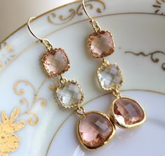 Blush Champagne Crystal Earrings Gold Three Tiered Jewelry - Pink Bridesmaid Earrings -  Peach Wedding Earrings Crystal Pink Wedding Jewelry Blush Necklace, Organic Earrings, Crystal Earrings Wedding, Peridot Earrings, Peach Wedding, Glass Gems, Earrings Crystal, Perfect Palette, Large Hoop Earrings