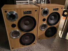 two wooden speakers sitting on top of a carpeted floor next to a speaker system