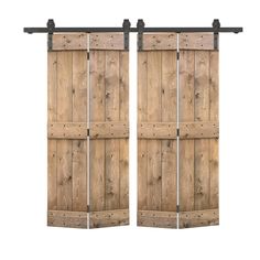 two wooden doors with metal bars on them