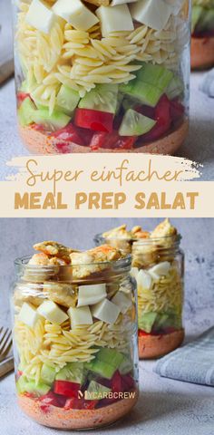 this meal is prepared and ready to be eaten in mason jars with the words super enfacher meal prep