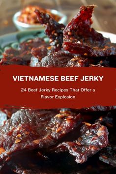 the cover of vietnamese beef - jerky, with two small bowls of sauce