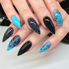 Insane Nails, Pointy Nails, Blue Inspiration, Stiletto Nails Designs, New Nails, Black Nail, Short Acrylic Nails Designs