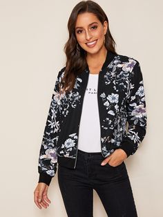 Black Casual  Long Sleeve Polyester Floral,All Over Print Bomber Embellished Slight Stretch Spring/Fall Women Outerwear Floral Print Jacket, Womens Jackets Casual, Color Block Jacket, Women Jacket, Casual Vest, Mode Online, Print Jacket, Long Sleeves Jacket, Trendy Fashion Women