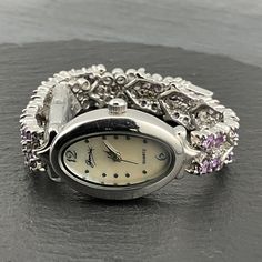 Vintage Solid Sterling Silver Amethyst & Spinel Wrist Watch, Fully Hallmarked Birmingham 2006, Full Working Order, Length 18.5-19.5cm, Link Width 9mm, Weight 35.56Grams, Face Length 25mm, Face Diameter 18mm, Battery Powered New Battery, Lovely Condition Christmas Deals, Bracelet Vintage, Women Wrist Watch, Wrist Watches, Birmingham, Jewellery And Watches, Favorite Jewelry, Womens Watches, Wrist Watch