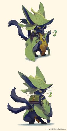 some type of animal character with different poses and hair styles, all in green and blue