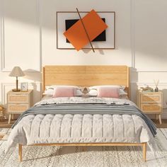 a bedroom with a bed, nightstands and pictures on the wall above it in an artist's impression