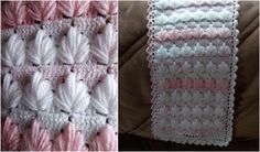 crocheted blanket with pink and white yarn on it, next to the same photo