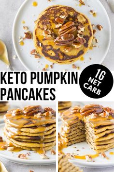 keto pumpkin pancakes with maple syrup and pecans