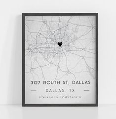 a black and white map print with the words, 517 routh st, dallas, texas