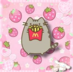 a cat with a mcdonald's sign on its chest is surrounded by strawberrys