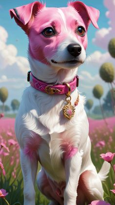 a painting of a dog sitting in the middle of a field with pink flowers on it