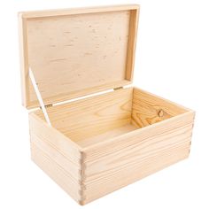 an open wooden box on a white background with a pen sticking out of the lid