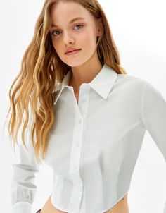 Summer Poplin Shirt Single-Breasted Short Top - White,S White Poplin Top With Spread Collar, White Long Sleeve Poplin Tops, Fitted Poplin Office Top, White Long Sleeve Poplin Shirt, Fitted Poplin Top For Office, Fitted Poplin Shirt For Daywear, White Poplin Button-up Shirt, Fitted White Poplin Top, Summer Long Sleeve Poplin Shirt