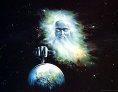 an old man with long white hair holding a globe in front of him and looking at the sky