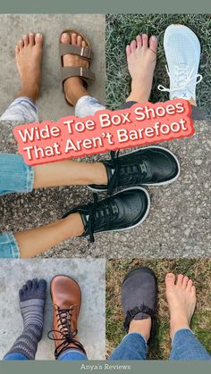 A visual of wide toe box shoe options. Anya compares an extreme minimalist toe-shoe to a thick soled shoe, followed by examples of shoe options that fall in between these two on the spectrum - all with a wide toe box and other shoe features based on personal preferences. Extra Wide Shoes For Women, Wide Foot Shoes Woman, Toebox Shoes, Wide Toe Shoes, Toe Loop Barefoot Sandals With Rubber Sole For Beach, Wide Toe Box Shoes Women, Barefoot Running Shoes Women, Low-top Hiking Running Shoes With Cushioned Footbed, Barefoot Shoes Outfit