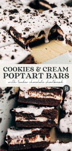 cookies and cream pop tart bars are stacked on top of each other