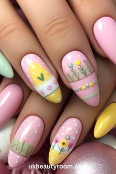 Almond Shaped Easter Nails, Aesthetic Easter Nails, Yellow Easter Nails, Peeps Nails, Mum Nails, Pastel Easter Nails, Celebration Nails, Easter Spring Nails, Designing Nails