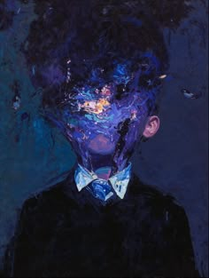 a painting of a man with his face covered in blue and black hair, wearing a bow tie