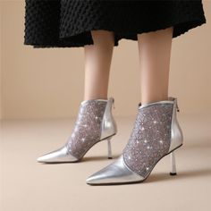 US$67.00 Elegant Sparkling Heels For Winter, Elegant Silver Ankle Boot Heels, Party High Heel Boots With Rhinestone Rivets, Fall Rhinestone Heels With Pointed Toe, Rhinestone Ankle Boot Heels For Party, Ankle-high Heels With Rhinestones For Fall, Ankle-high Rhinestone Heels For Fall, Elegant Rhinestone Ankle Boot Heels, Elegant Embellished Ankle Boot Heels