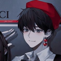 an anime character with black hair and red earrings