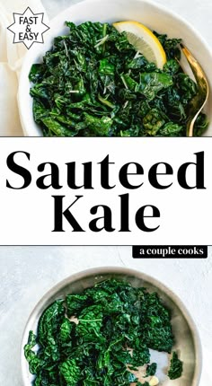 sauteed kale in a white bowl with lemon wedges on the side