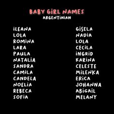 baby girl names are written on a black background with red writing in the center and below them