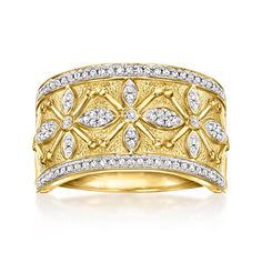 Ross-Simons - .25ct t. w. Diamond Etruscan-Style Ring in 18kt Yellow Gold Over Sterling. Size 5. Perfect for adding easy elegance to your everyday, this Etruscan-style ring features .25 ct. t. w. round diamonds in an eye-catching design set in textured and polished 18kt yellow gold over sterling silver. 1/2" wide. Diamond Etruscan-style ring. Diamond birthstones are the perfect gift for April birthdays. Diamond Birthstone, Fine Jewelery, Jewelry Rings Diamond, Fine Jewels, Ring Diamond, Design Set, Diamond Stone, Diamond Rings, Round Diamonds