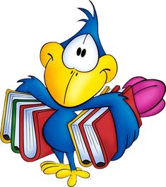 a cartoon bird is holding books and smiling