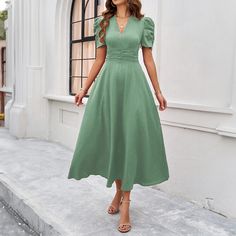 Lasaky - Elegant Solid Color Waist-Tie Dress Mehndi Dress, Long Dresses Elegant, Green One Piece, How To Fold Sleeves, Princess Sleeves, Summer Elegant, Luxurious Fabric, Tie Waist Dress, Elegant Dresses For Women