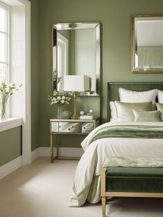 Sage Green Bedroom Emerald And Sage Green Living Room, Eucalyptus Green Bedroom, Sage Green White And Gold Bedroom, Gold And Sage Green Bedroom, Sage Gold Bedroom, Feminine Green Bedroom, Pastel Green Room Ideas Bedroom, Gold And Sage Bedroom, Green Monochrome Bedroom