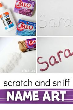 the words scratch and sniff are shown in different pictures