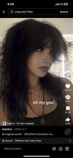 Grunge Haircut Female, Hair Brushing Aesthetic, Wolfcut And Wispy Bangs, Shoulder Length Hair With Layers Black, Rectangle Head Hairstyles, Face Framing And Layers Medium Hair, Grunge Hair Long Hairstyles, Long Messy Bangs, Long Haircut Ideas For Round Face