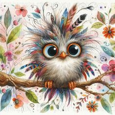 a painting of an owl sitting on a branch with flowers and leaves around it's eyes