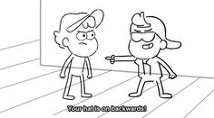 two cartoon characters pointing at each other with the caption you're able on backwards