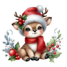 a cute little deer wearing a santa hat and scarf with holly berries on it's head